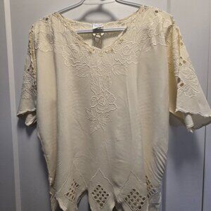 BLUE SKY Women's Cream Embroidered/Cutwork Dolman Sleeves Blouse - Size Large